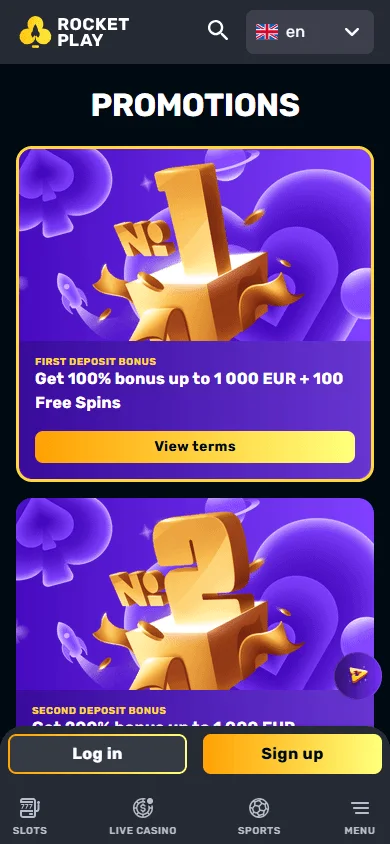 Rocketplay Casino promotions area on a mobile device