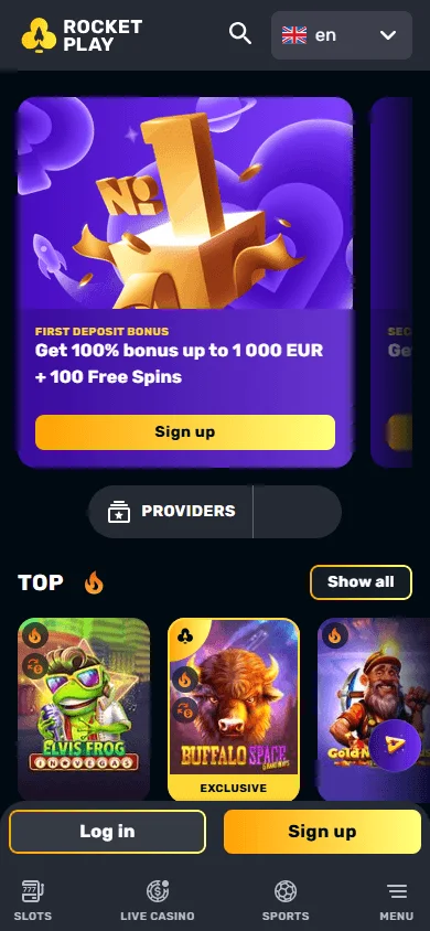 Rocketplay Casino home experience on a mobile device