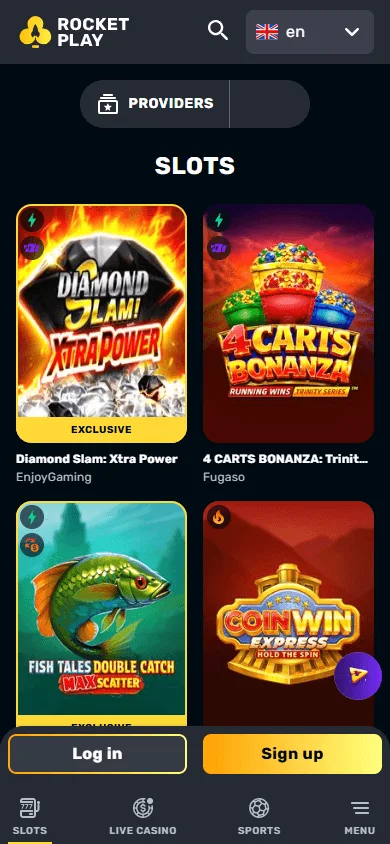 Rocketplay Casino games area on a mobile device