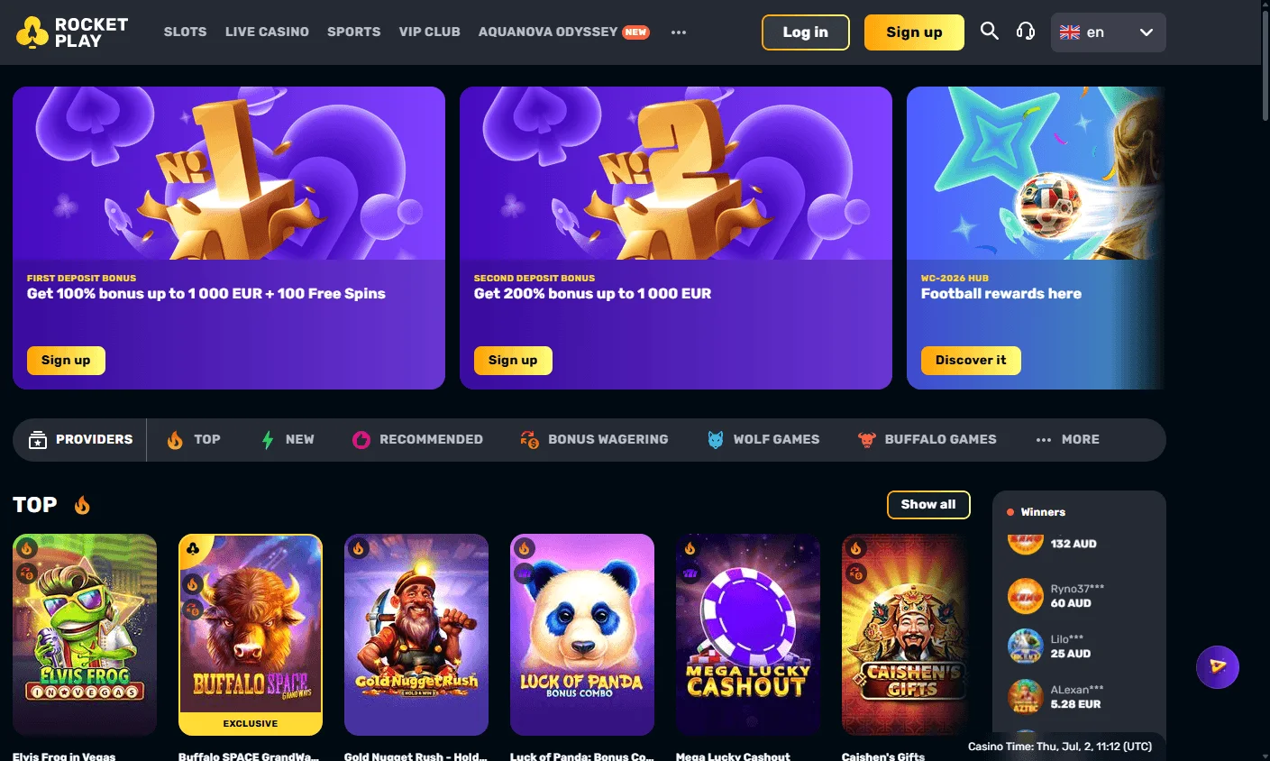 Rocketplay Casino home experience on desktop